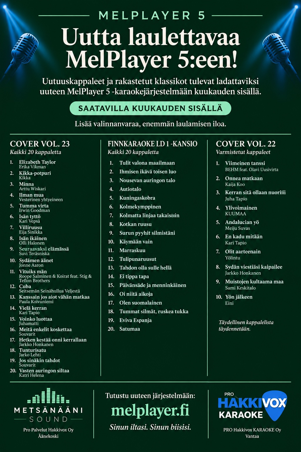 MelPlayer 5:n uutuusmainos kappalelistoineen